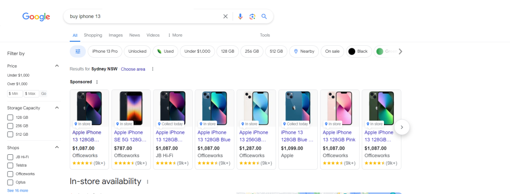transactional search intent example of buying iphone 13 