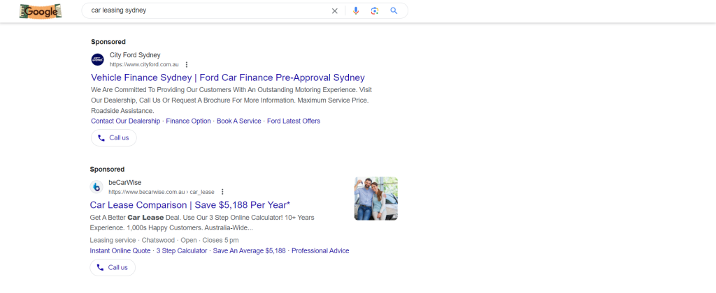 serp example of google ads car leasing sydney