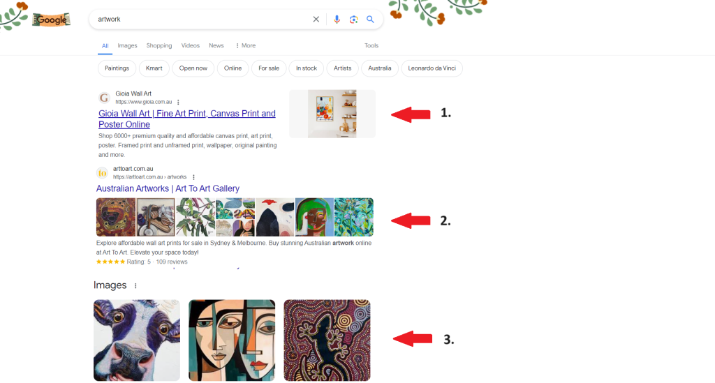 example of 3 different image features in google serp